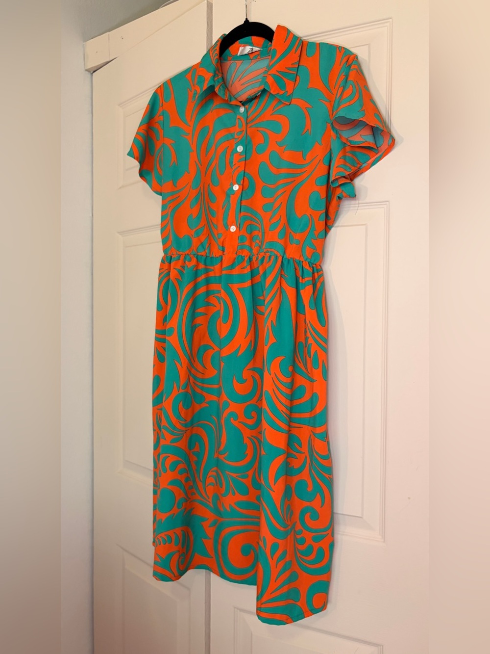 Teal and Orange Printed Button-Front Midi Dress